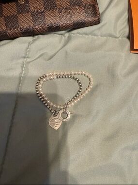 Tiffany & Co. Silver and White Pearl Wrap Bracelet with Heart Tag